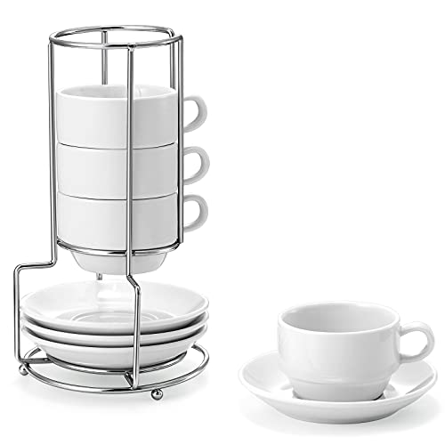 Yedio Porcelain 8 oz Coffee Cups with Saucers and Metal Stand Porcelain Stackable Cappuccino Cups with Metal Stand White Set of 4 (8 oz)