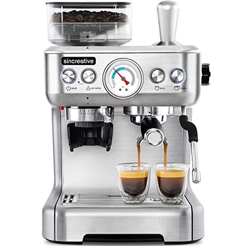 Espresso Machine with Grinder and Milk Frother 20 Bar Semi Automatic Espresso Coffee Machine Latte and Cappuccino Coffee Maker All in One Espresso Machine For Home Barista Brushed Stainless Steel