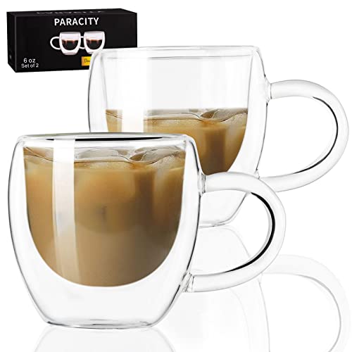PARACITY Espresso Cups Set Of 2 Double Wall Insulated Glass Coffee Mugs 55 OZ Cappuccino Cups with Handle Clear Glass Coffee Cups Travel Camping for Cappuccino Latte Tea Shots … (55OZ)
