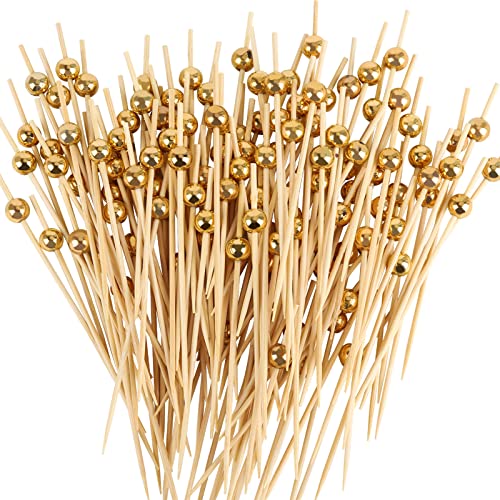 200 PCS Gold Pearl Cocktail Picks 47 Long Fancy Toothpicks Decorative Bamboo Food Picks Handmade Fruit Sticks for Appetizers Drinks Fruits Party Bar Favor(Gold)