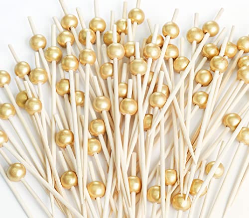 200PCS Cocktail Picks Fancy Cocktail Toothpicks for Appetizers Picks Handmade Bamboo Cocktail Skewers for Appetizers Fruit Party Gold Pearl Food Picks Charcuterie Accessories (47 Inch)