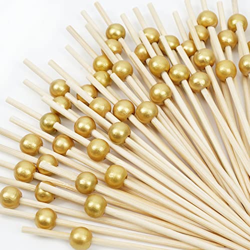 Elyum Cocktail Picks 100 PCS Toothpicks for Appetizers Bamboo Cocktail Skewers for Appetizers with Gold Wooden Beads Food Picks for Party Wedding Dessert Fruit (Gold 47 Inch)