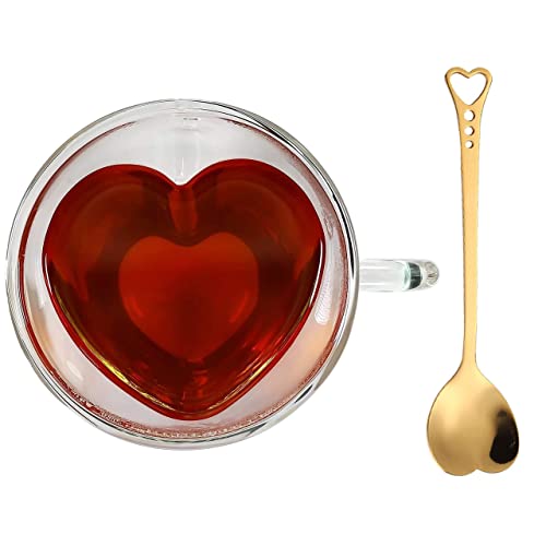Heart Shaped Cup  Double Walled Insulated Glass Coffee Mug or Tea Cup  Double Wall Glass 8oz (240ml)  Clear  Unique  Insulated with Handle  With Teaspoon