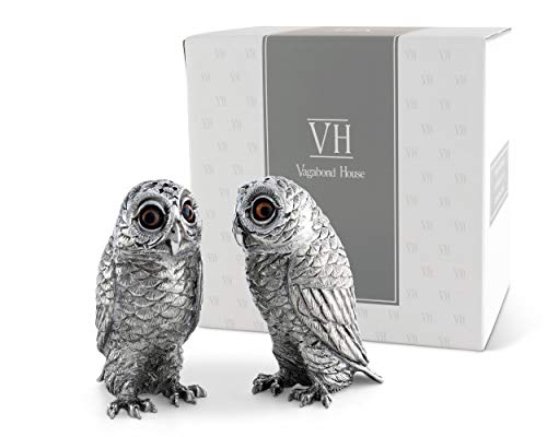 Vagabond House Pewter Metal Owl Salt and Pepper Shaker Set with HandPainted Eyes Thanksgiving Harvest Table 375 inch Tall