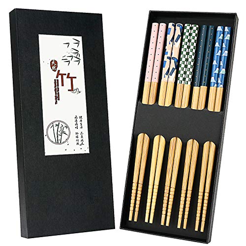 5 Pairs Japanese Natural Bamboo Chopsticks with Unique Print Reusable Chopstick Gift Set for Sushi Rice Noodles Chinese Tableware Washable for Dishwasher 885 Inches Length