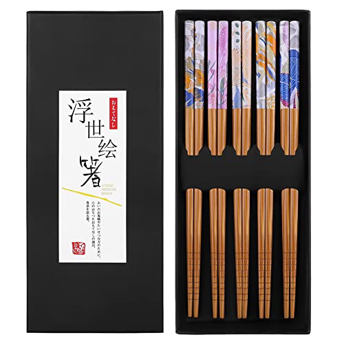AKONEGE 5 Pairs Bamboo Chopsticks Reusable Japanese Style Chop Sticks Natural Bamboo Chopstick Set Dishwasher Safe 88 Inch