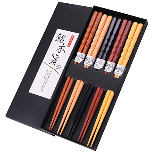GLAMFIELDS Reusable Chopsticks Japanese Natural Wooden 5 Pairs Classic Style Lightweight HandCarved Safe Chop Sticks 88 Inch225cm Gift Set