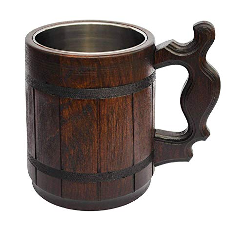Handmade Wood Mug 20 oz Stainless Steel Cup Carved Natural Beer Stein OldFashioned Brown  Wood Carving Beer Mug of Wood Wooden Beer Tankard Capacity 20oz (600ml)  Great Gift Idea