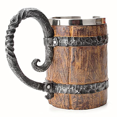 OTARTU Vintage Faux Oak Wood Barrel Beer Mug Medieval Retro Viking Stainless Steel Coffee Cup Stein Tankard17oz500ML Cup MugUnique Gift