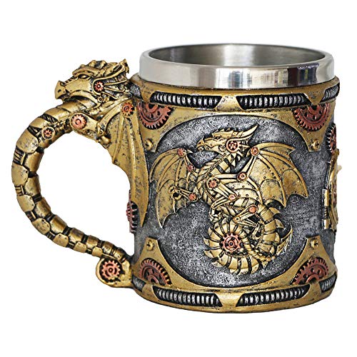 Steampunk Gearwork Mechanical Dragon Mug  Medieval Renaissance Dragons Beer Stein Tankard Stainless Coffee Cup father day Gift Mug For Dragon Collector Lovers Themed Party Decoration (14OZ)