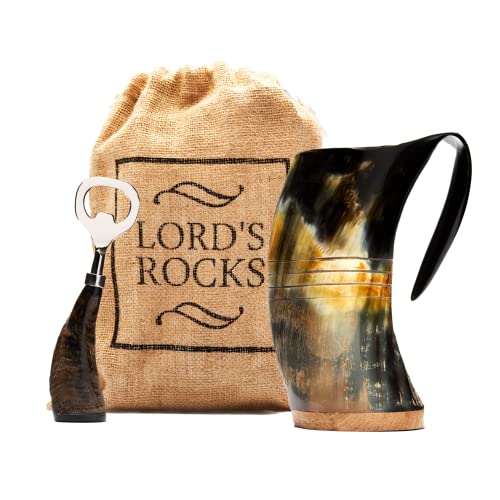 Viking Drinking Horn Mug by Lords Rocks  20Ounce Beer Stein with Medieval Burlap Jute Bag and Bottle Opener  Authentic Handmade Oxhorn Tankard for Mead and Wine Gifts