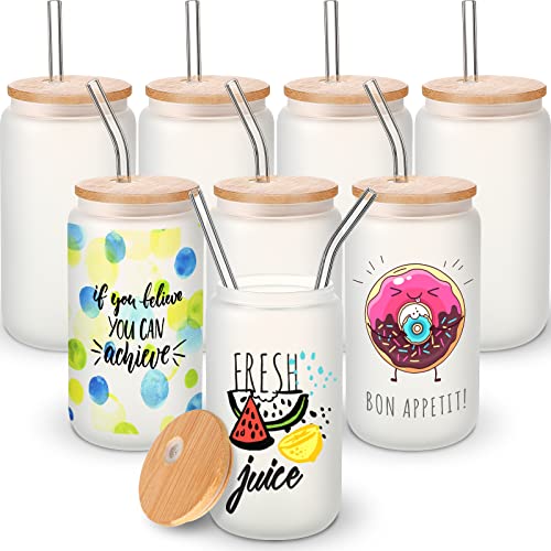 8 Pack 16 oz Sublimation Blank Glass Can with Bamboo Lids and Glass Straws Heat Transfer Frosted Beer Can Tumbler Mug Cup for Soda Cocktail Juice Coffee Drinks