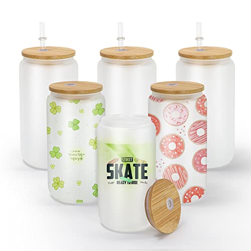 AGH 6Pack 16OZ Sublimation Glass Blanks With Bamboo Lid Frosted Sublimation Beer Can Glass Borosilicate Glasses Tumbler Mason Jar Cups Mug With Plastic Straw for Iced Coffee Juice Soda Drinks