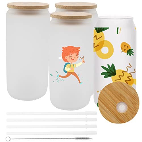 AQUAPHILE 16OZ Sublimation Beer Can Glass with Bamboo Lids and Straw  Blank Glass Ice Coffee Cups Tumbler Mugs for Juice Soda Cocktail(Frosted 4pcs)