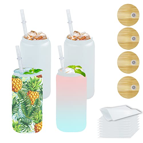 Bexbchh 4Pack 16OZ Sublimation Glass Blanks With Bamboo Lid Frosted Sublimation Beer Can Glass Borosilicate Glasses Tumbler Mason Jar Cups Mug With Plastic Straw for Iced Coffee Juice Soda Drinks