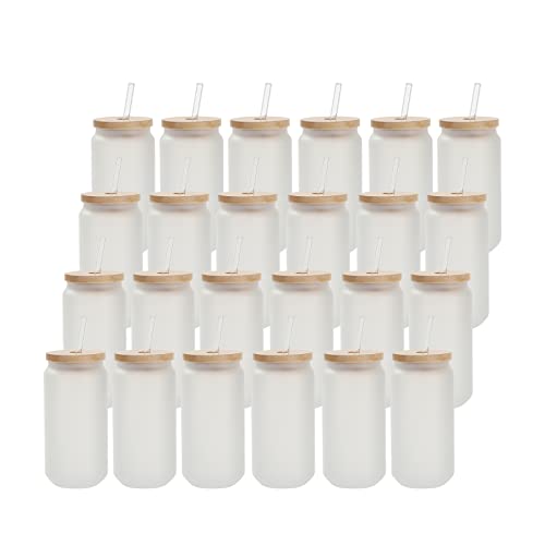 PYD Life Sublimation Glass Blanks Beer Can Tumbler Bulk 18 OZ Frosted Glass Cups with Bamboo Lid and Glass Straw Wide Mouth Jar Tumbler Cups Mugs for Tumbler Heat Press 24 Pack