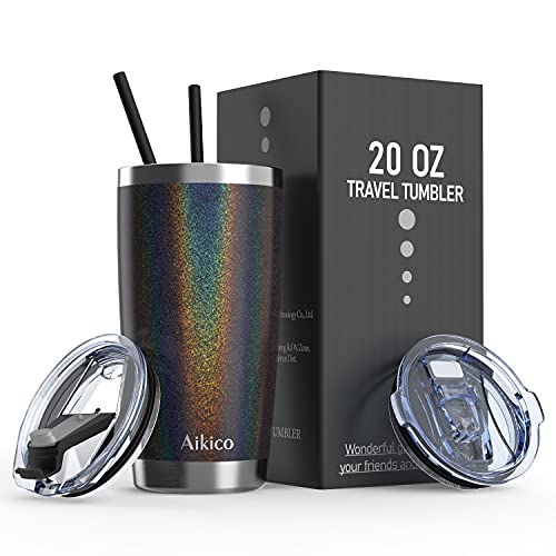 Aikico Insulated Travel Tumbler 30oz Stainless Steel Tumbler with Lids and Straws Vacuum Insulated Coffee Mug for Home Office Travel Party Rainbow Black
