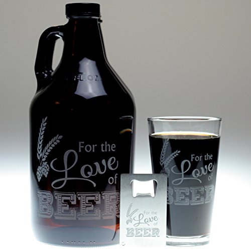 Engraved Beer Gift  For The Love of Beer Etched Growler Glass and Bottle Opener set  Home Brewing Glassware