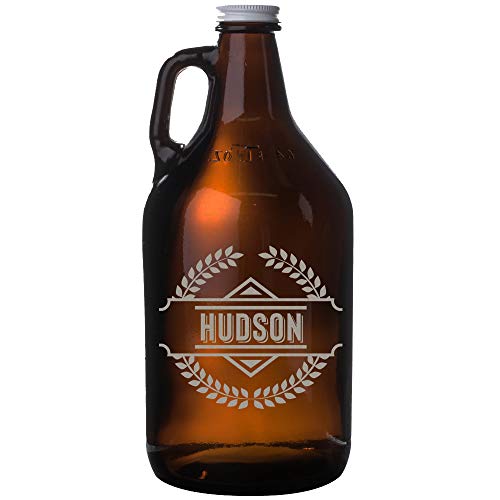 Personalized Etched 64oz Amber Glass Beer Growler Hudson