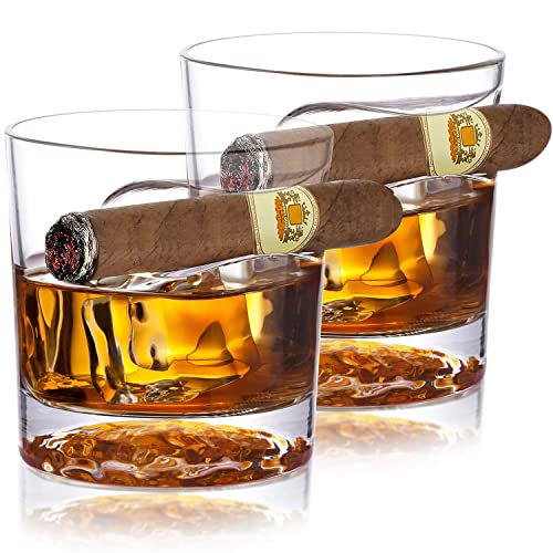 Chouggo Cigar Whiskey Glasses  Unique Ice Ball Bottom Design Old Fashioned Whiskey Glasses with Cigar Holder Rest Set of 2 Whiskey Gifts for Men Dad Boyfriend Husband Grandpa
