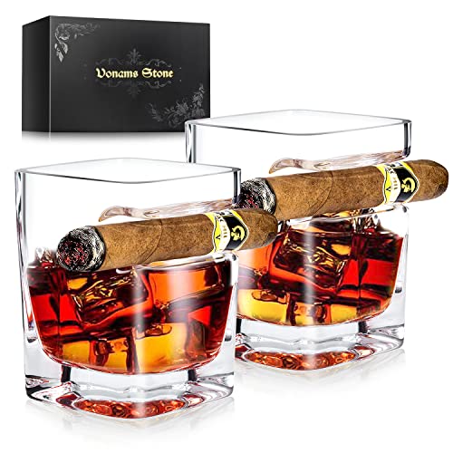 Vonams Stone Cigar Whiskey Glasses Set of 2 12oz Old Fashioned Glass With Side Mounted Holder Rest  Crystal Wine Cup for Cocktails Scotch Bourbon Gifts for Men