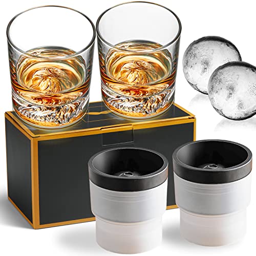 Whiskey Gifts for Men 11 Oz Eagle Pattern Whiskey Glasses Set of 2  Large Ice Ball Molds Set of 2  Thick Base Rocks Glass for Bourbon Cocktails Dad Husband Gift From Wife Daughter Son Kids