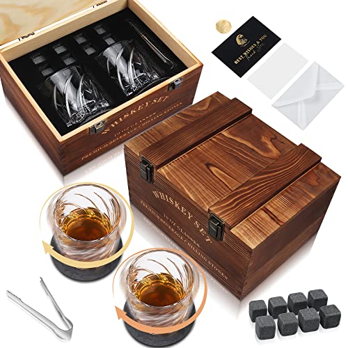 Whiskey Rocks Glass Set 2 Rotatable Wine Glasses with 8 Chilling Stones 2 Slate Coasters Steel Tong 10 Oz Old Fashioned Glasses for Scotch Liquor Ideal Whiskey Gift for Men Husband Father