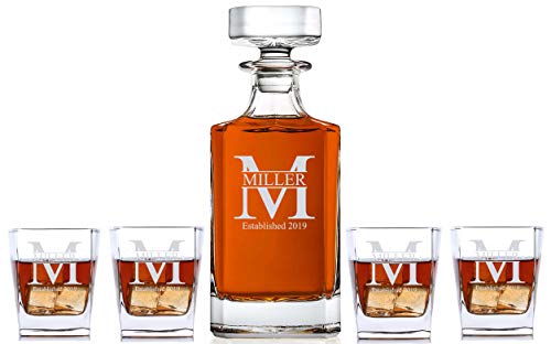 Personalized 5 pc Whiskey Decanter Set  Decanter and 4 Glasses Gift Set  Custom Engraved