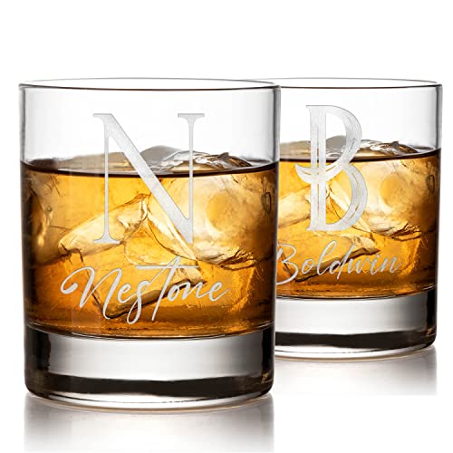 Personalized Whiskey Glasses Set of 2 Custom Rocks Glasses for Scotch Bourbon 10 oz 5 Initial Designs Engraved Whiskey Glass Set Whiskey Gifts for Men Old Fashioned Lowball Glasses