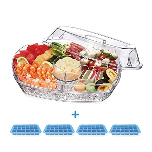 Appetizer Serving Tray on Ice Innovative Life 15 Inch Party Platter with 4 Ice Cube Tray Kitchen Chilled Food Bowl with Compartment and Lids for Shrimp Fruits Vegetables Salads sushi Clear