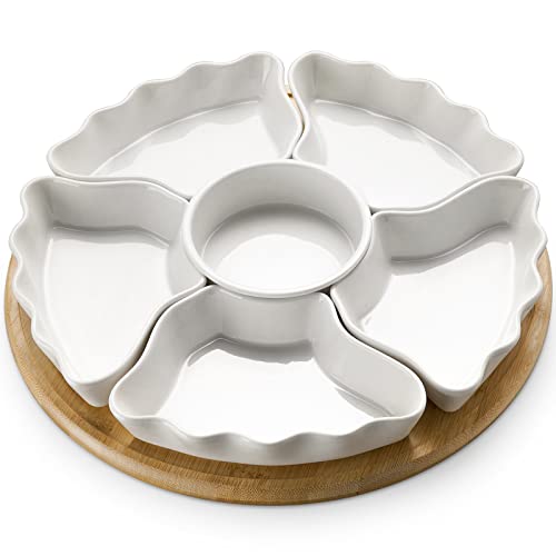 DOWAN 12 Inches Lazy Susan Appetizer Serving Tray Divided Serving Platters for Relish Dishes Removable Serving Dishes for Chips and Dip Condiment Veggies Candy and Snacks 7 Pieces White