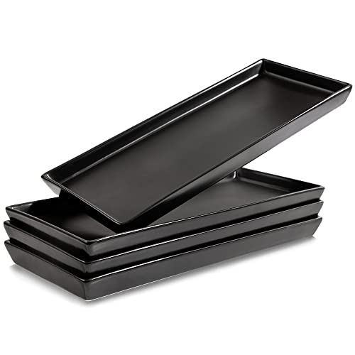 Matte Black Ceramic Serving Platters (14 x 6 Inch Rectangle Plates) Serving Dishes for Entertaining Food Appetizers Desserts Cheese Board Charcuterie Sushi  Set of 4 Party Serving Trays