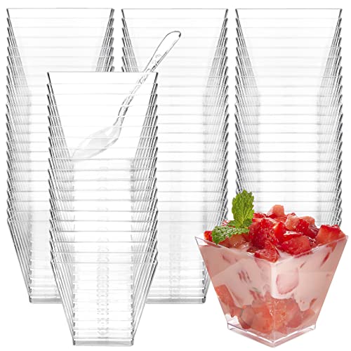 TOFLEN 100ct 2 oz Square Mini Dessert Cups with 100 Spoons  Clear Plastic Parfait Appetizer Cups  Reusable Partys Small Serving Cups for Tasting Dessert Appetizers