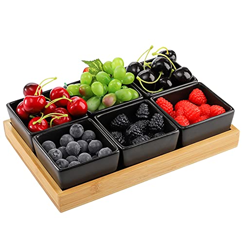 YOUEON Divided Serving Dishes with 6 Compartment Removable 5 Oz Appetizer Serving Tray Condiment Server with Bamboo Pallets Snack Serving Tray for Cookies Fruits Black