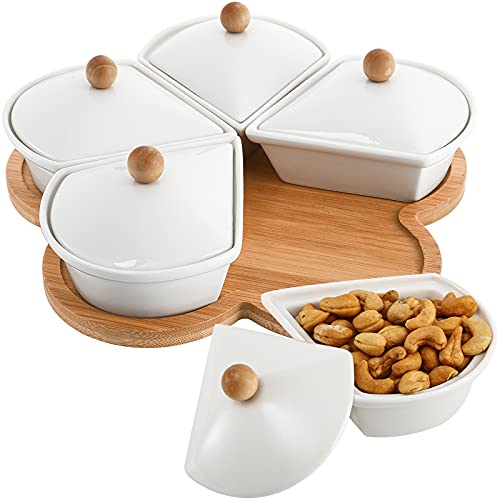 Yarlung Ceramic Divided Serving Dishes with Lids and Bamboo Platter 5 Removable Dipping Bowls Relish Tray Nuts Dishes for Appetizer Chips Fruits Candy Condiment