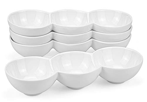 Yesland 3Compartment Porcelain Appetizer Serving Tray  Set of 4  White 10 Oz Triplet Bowl Bowl Set Perfect for Snacks Dips Condiments