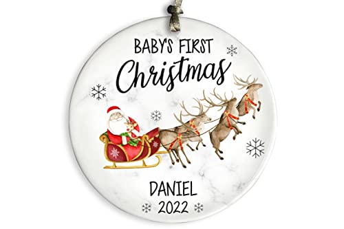 2022 Babys First Christmas Ornament Personalized Baby Ornament Keepsake Ornament for Newborn Baby Customized Round Ceramic Ornament for Parents (Design 1)
