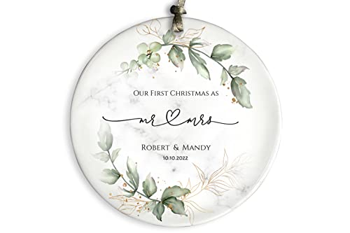 2022 Mr and Mrs Ornament Personalized Christmas Ornament Our First Christmas As Mr  Mrs Ceramic Ornament Keepsake for Couples Newlywed Ornament (Design 1)