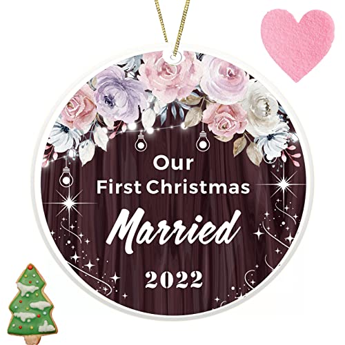 Christmas OrnamentsHandmade Our First Christmas Married 285 Ceramic Personalized Keepsake Wedding Gifts for Couple Bridal Shower Gifts Paper for Wife(Married Flower)