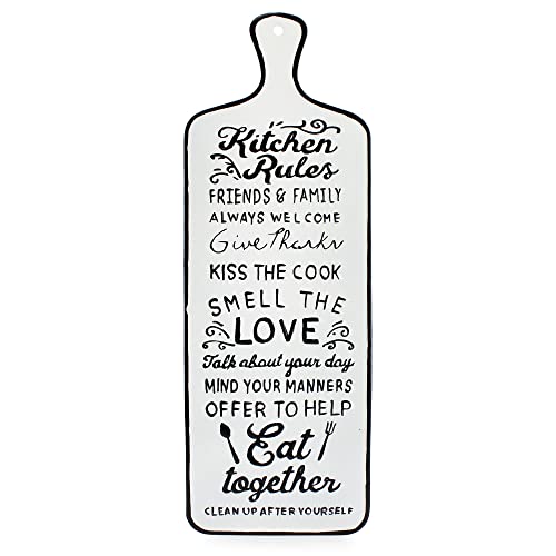 AuldHome Kitchen Rules Rustic Sign Farmhouse White Enamelware Metal Cutting Board Shaped Plaque