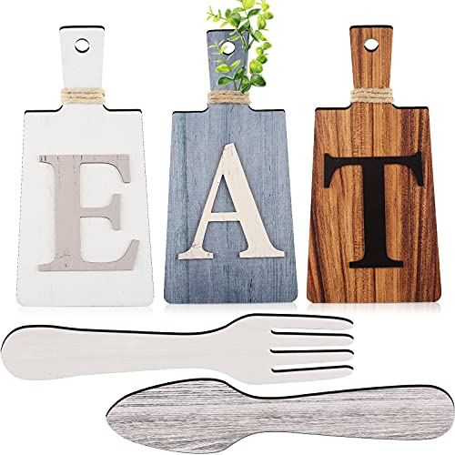 Cutting Board Eat Sign Set Hanging Art Kitchen Eat Sign Fork and Spoon Wall Decor Rustic Primitive Country Farmhouse Kitchen Decor for Kitchen and Home Decoration ()