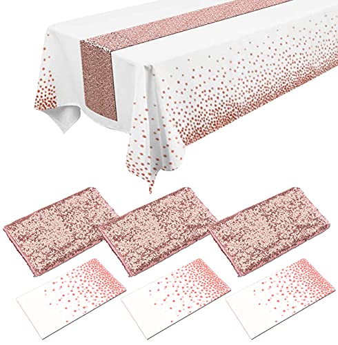 3 Packs Sequin Table Runner Glitter Rose Gold 12x108 inch 3 Packs Table Cloths Disposable 54x108 inch Plastic Tablecloths Rectangular Table Covers for Parties Thanksgiving Wedding Anniversary