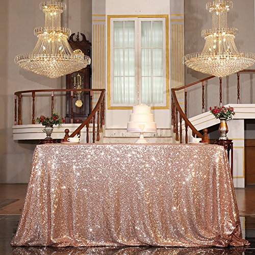 PartyDelight Rose Gold Sequin Wedding Tablecloth 50 by 50 Inch Square Polyester Sequin Overlay Shiny Sequin Quality Tablecloth for Special Event Or Party（Rose Gold，50x50）