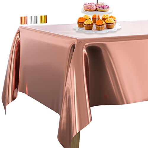 PartyWoo Rose Gold Foil Tablecloth 54 x 108 Inch Rectangle Party Tablecloth Foil Tablecloth for 6 to 8 Foot Table Metallic Table Cover Plastic Table Cloth Waterproof for Birthday Wedding (1 PACK)
