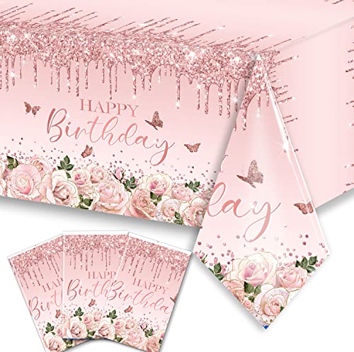 Pink Rose Gold Tablecloth Decoration  3 PCS Happy Birthday Tablecloth Disposable Plastic Sequin Tablecloth Girls Birthday Wedding Party Tablecloths for 50th 60th 70th 80th Men or Women