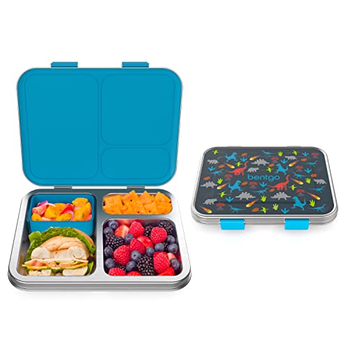 Bentgo Kids Stainless Steel Prints LeakResistant Lunch Box  New Improved 2022 BentoStyle with Updated Latches 3 Compartments  Bonus Container  EcoFriendly Dishwasher Safe BPAFree (Dinosaur)