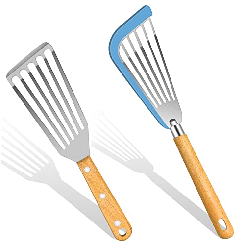 KLAQQED Fish Spatula Silicone Fish Spatula for Nonstick Cookware Flexible Metal Fish Spatula Stainless Steel Fish Spatula Small Fish Slotted Spatula Turner Spatulas Set Wood Handle Fish Spatula