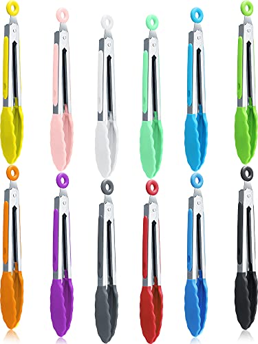 Set of 12 Locking Kitchen Tongs 7 Inch Stainless Steel Tongs with Silicone Tips Non Stick Tongs for Cooking Bbq Salad Tongs Food Grill Tongs Heat Resistant Serving Tongs for Grilling Multicolor
