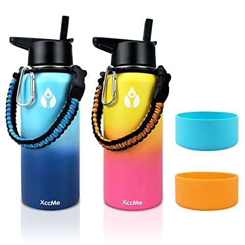 XccMe 32oz Stainless Steel Water BottleSports Water Bottle2PACK Double Wall Vacuum Insulated Flask with Straw LidSilicone BootParacord HandleKeep Drinks Hot or Cold (Yellow Pink Blue)