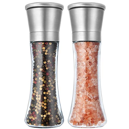 Elegant Pepper and Salt Grinder Set of 2 Best Spice Mill with Brushed Stainless Steel Cap Ceramic Blades Adjustable Coarseness and Refillable Tall Glass Body with 6OZ Capacity (75)